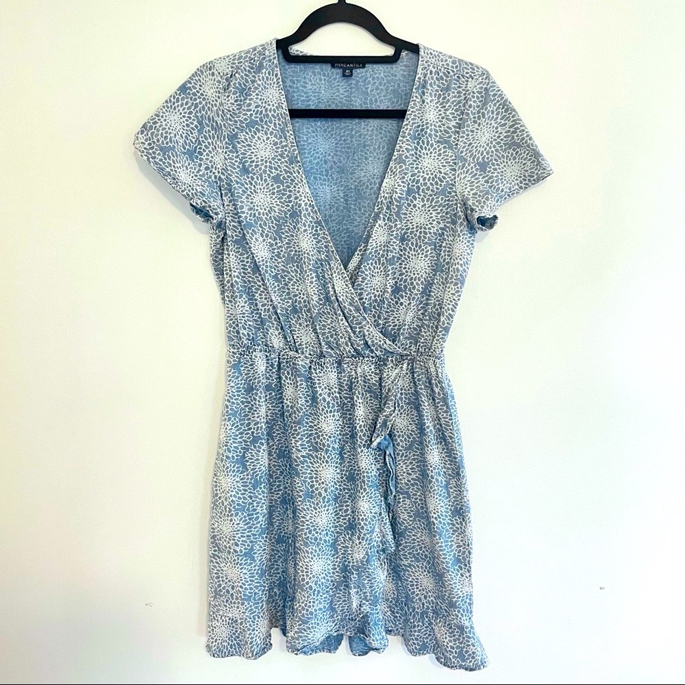 J Crew Mercantile Denim Floral Faux Wrap Dress